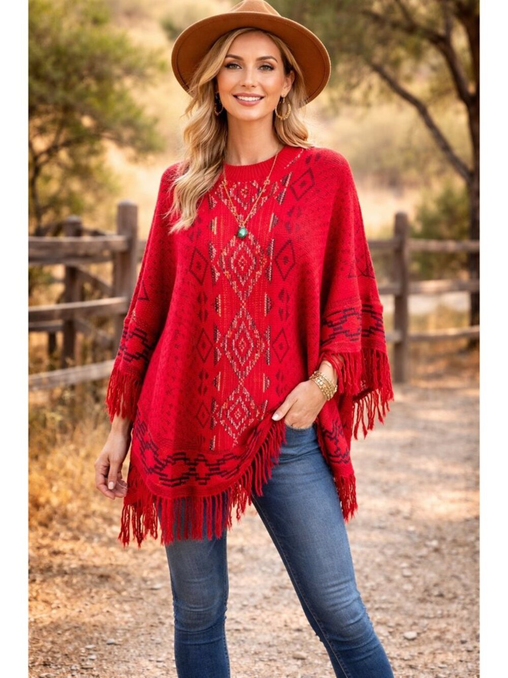 Boutique Red Aztec Western Sleeve Shaw Fringe One Size Bohemian Hippie Festival